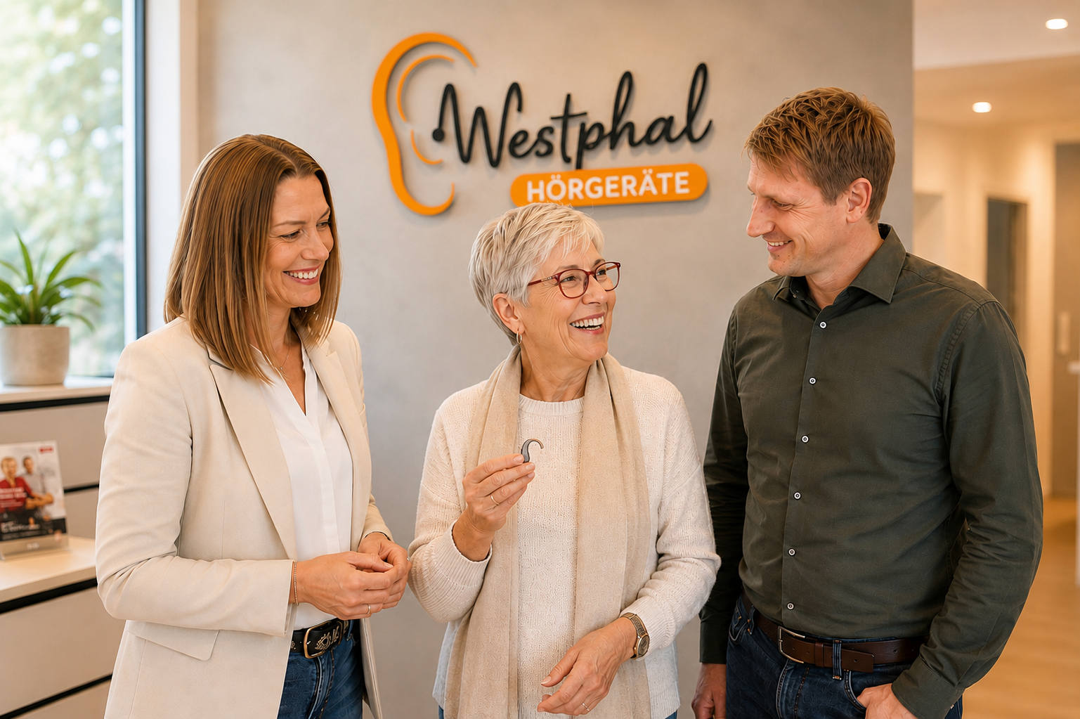 Das Team von Westphal Hörgeräte berät eine lachende Kundin, die ein modernes Hörgerät in der Hand hält, im Fachgeschäft in Bonn-Beuel